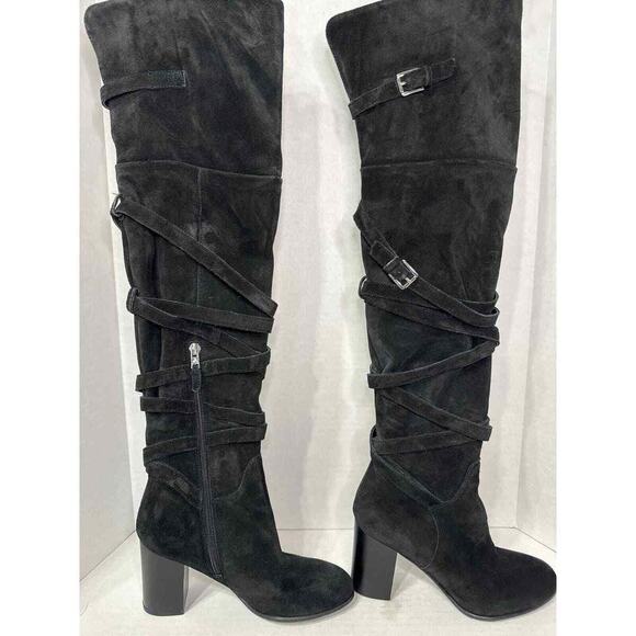 Sam Edelman Over The Knee Boots Women's Size 9.5 Black Suede Strappy Heeled Boot - Picture 1 of 16